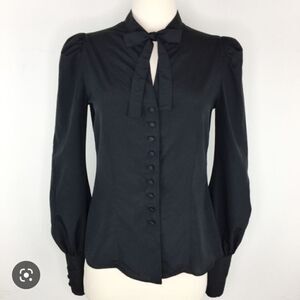 Italy Puff Sleeve Tie Neck Button Blouse